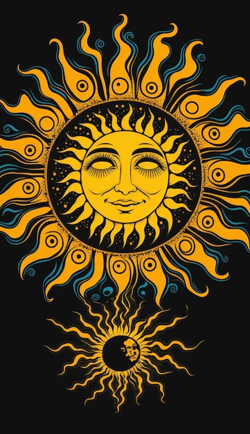 Un poster nero e giallo con un sole e le parole "sun" sopra.