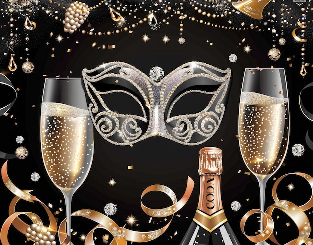 un poster nero e oro con una maschera e bicchieri di champagne