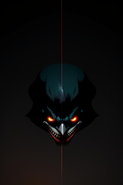 Un poster per Batman con gli occhi rossi e la faccia nera e arancione.