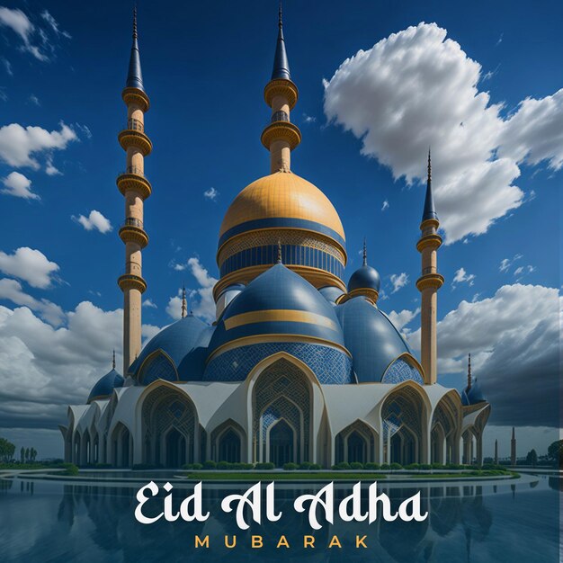 Un poster per eid al adha mubarak con un cielo blu e nuvole.