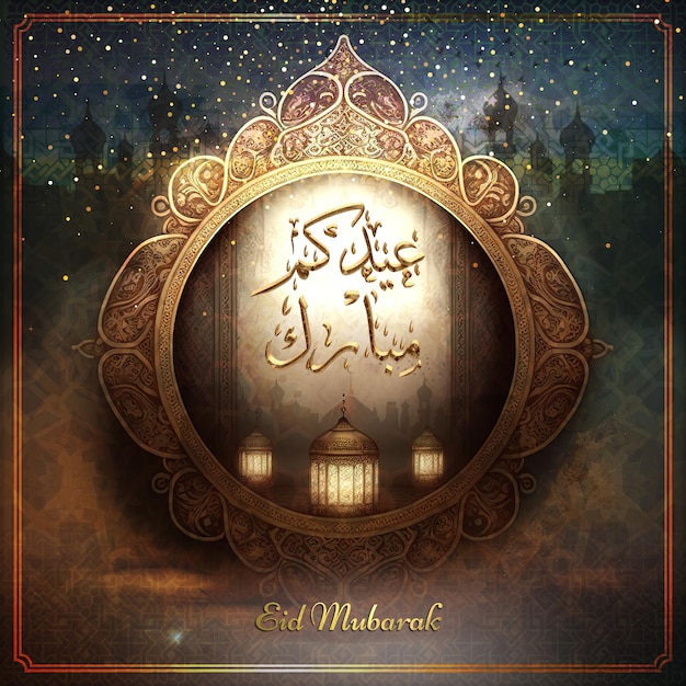 Un poster per eid mubarak con una cornice dorata e l'immagine di una lampada sul fondo