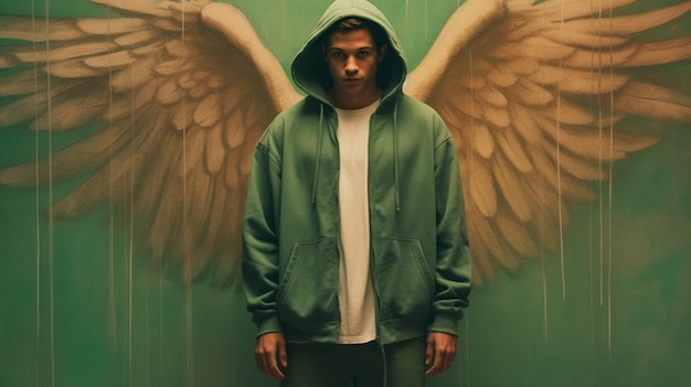 Un poster per gli angeli mostra un uomo che indossa un verde