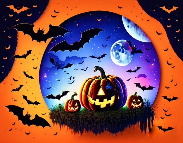 Un poster per Halloween con i pipistrelli e la luna sopra