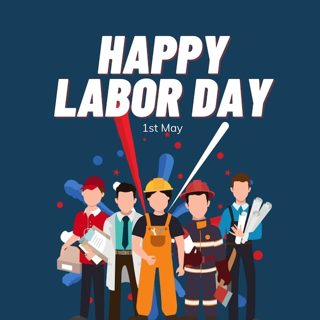 un poster per il felice giorno del lavoro con persone e uno sfondo blu