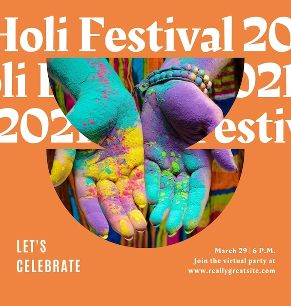 un poster per il festival di Holi con una faccia colorata su di esso