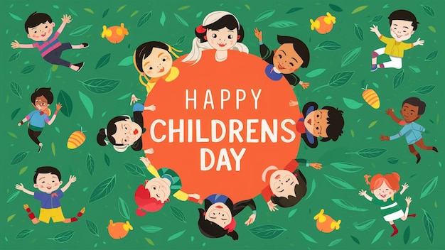 un poster per il giorno dei bambini felici con un cerchio rosso che dice bambini felici
