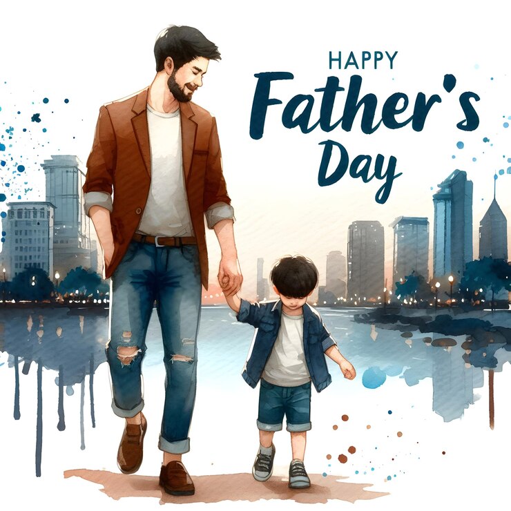 un poster per il giorno dei padri con un uomo che tiene la mano di un bambino
