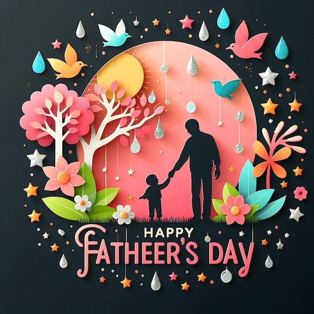 un poster per il giorno del padre con una silhouette di padre e figlio che si tengono per mano