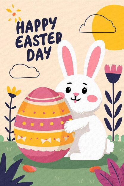 un poster per il giorno di Pasqua con un coniglietto e uova di Pasqua