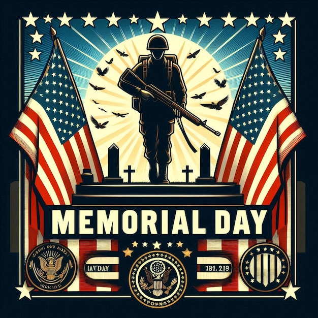 un poster per il Memorial Day con un soldato che tiene una pistola