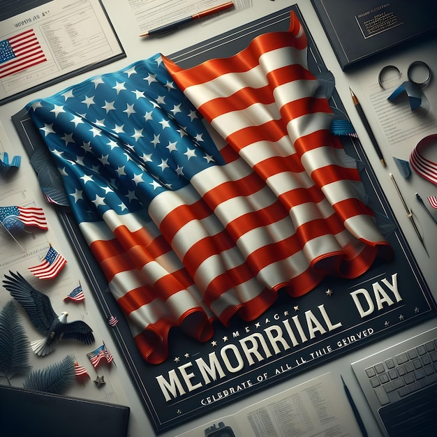 un poster per il Memorial Day con una bandiera e una bandiera che dice Memorial Day