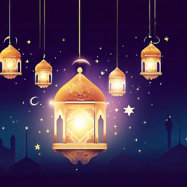 Un poster per il ramadan con una lanterna e stelle e le parole ramadan.