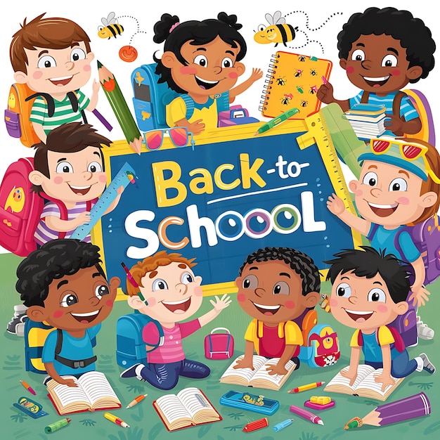 Un poster per il ritorno a scuola con i bambini e i rifornimenti scolastici
