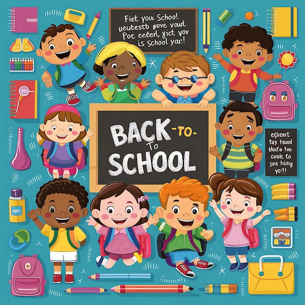 Un poster per il ritorno a scuola con i bambini e i rifornimenti scolastici