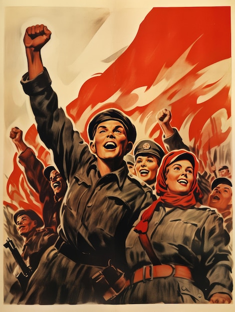 Un poster per l'esercito di soldati con una bandiera rossa e bianca.