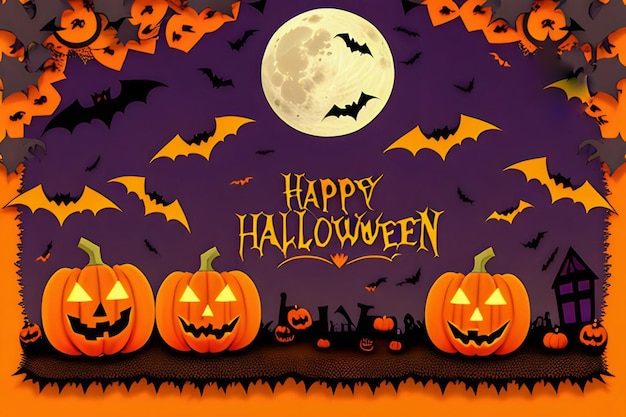 Un poster per l'Happy Halloween con zucche e pipistrelli