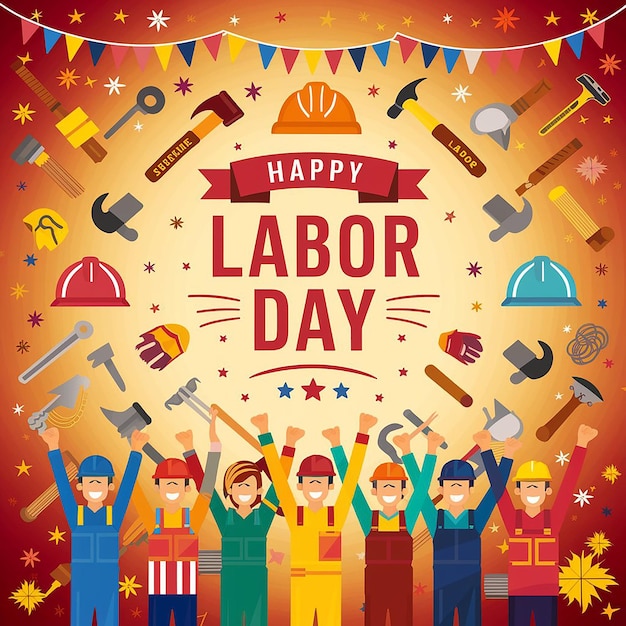 un poster per la celebrazione del nuovo anno con uno striscione che dice felice giorno del lavoro