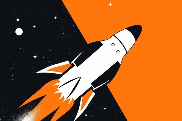 Un poster per la corsa allo spazio mostra un razzo su uno sfondo nero e arancione.