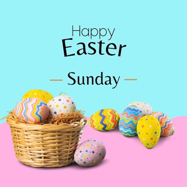un poster per la domenica di Pasqua con un cesto di uova di Pasqua