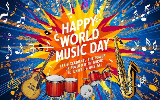 un poster per la felice giornata mondiale della musica con uno sfondo colorato