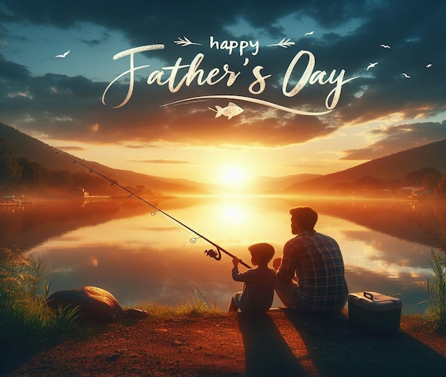 un poster per la Festa del Padre con padre e figlio che pescano