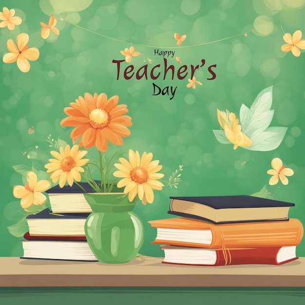 un poster per la giornata degli insegnanti con fiori e un libro sul tavolo
