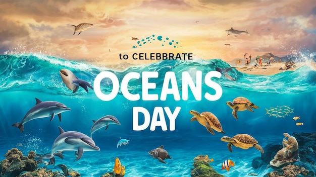 un poster per la giornata degli oceani con una foto di creature oceaniche e marine