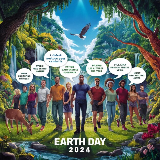 un poster per la Giornata della Terra con un gruppo di persone nella foresta