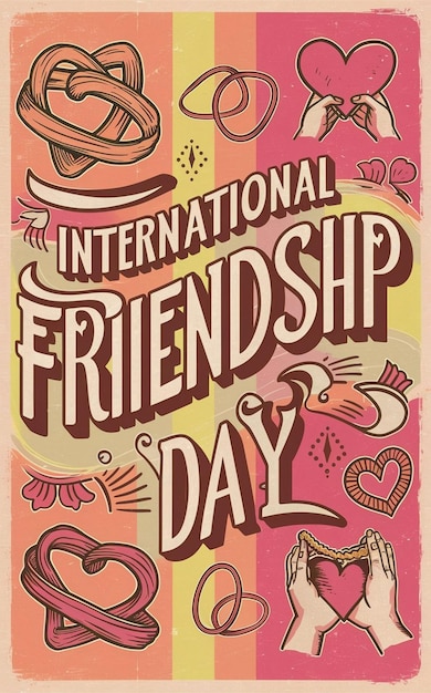 un poster per la giornata internazionale dell'amicizia con uno sfondo rosa con un'immagine di cartone animato di una coppia fr