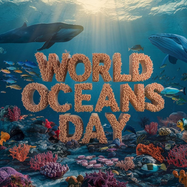 un poster per la giornata mondiale degli oceani con coralli e animali marini generati dall'AI