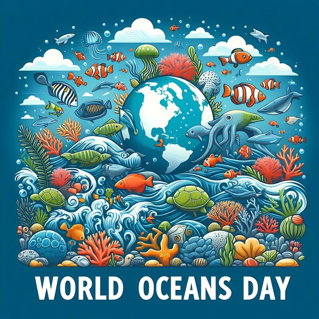 un poster per la giornata mondiale degli oceani con coralli e coralli