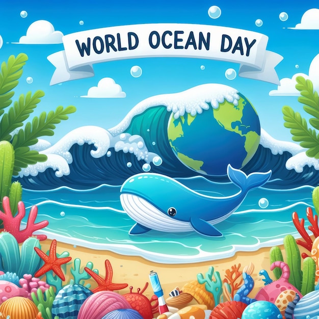 un poster per la Giornata Mondiale degli Oceani con vista sul mare