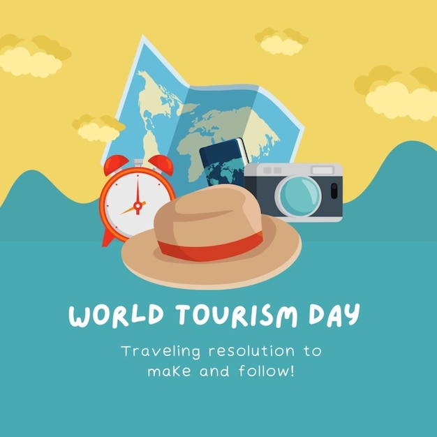 un poster per la giornata mondiale dei viaggi con un cappello che dice viaggio nel mondo per viaggiare