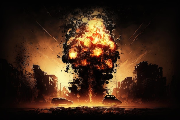 Un poster per la guerra nucleare mostra una bomba davanti a un edificio.