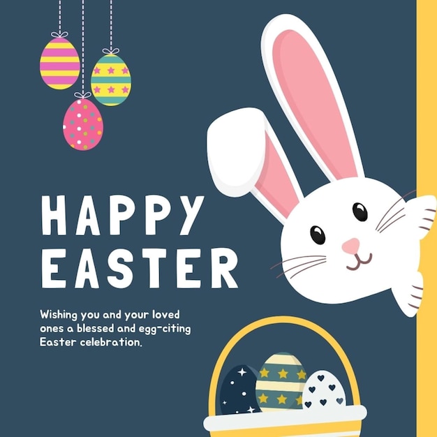 un poster per la Pasqua con un coniglietto e delle uova di Pasqua