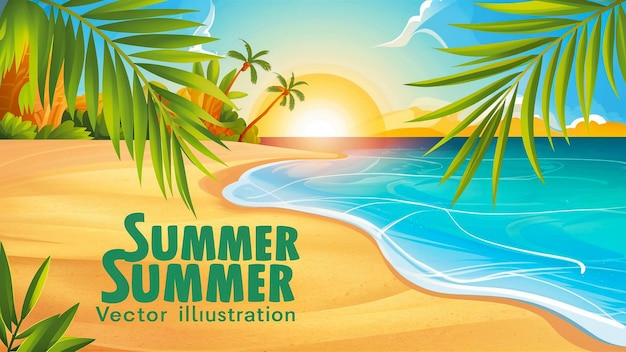 un poster per la spiaggia estiva con palme e il sole sullo sfondo