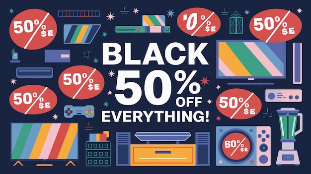 un poster per la vendita del Black Friday mostra una collezione di elettrodomestici