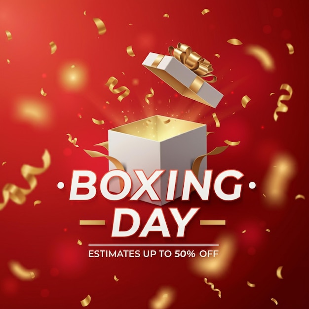 un poster per la vendita del Boxing Day con confetti d'oro sullo sfondo rosso