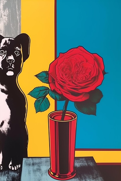 Un poster per un cane e una tazza rossa con dentro una rosa.