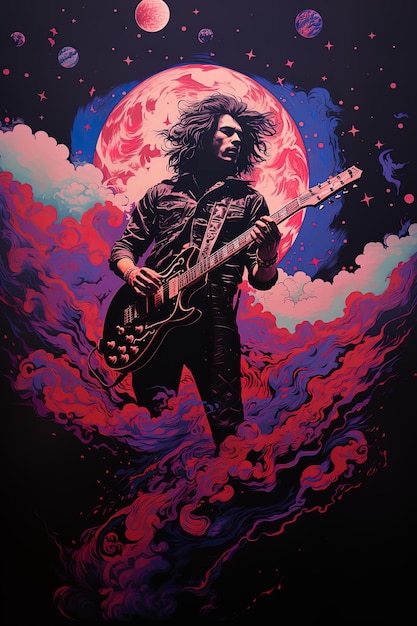 un poster per un chitarrista con una luna rossa e stelle