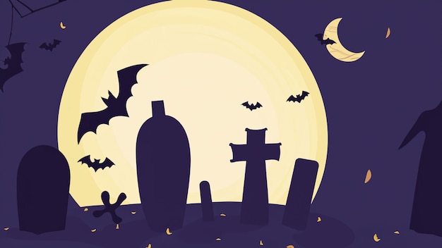 Un poster per un cimitero con pipistrelli e uno sfondo blu con una luna e pipistrelli che volano nel cielo