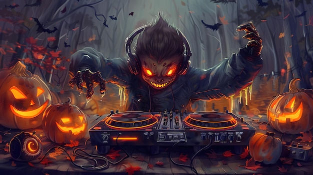 un poster per un DJ con una testa di mostro sul retro e le parole diavolo