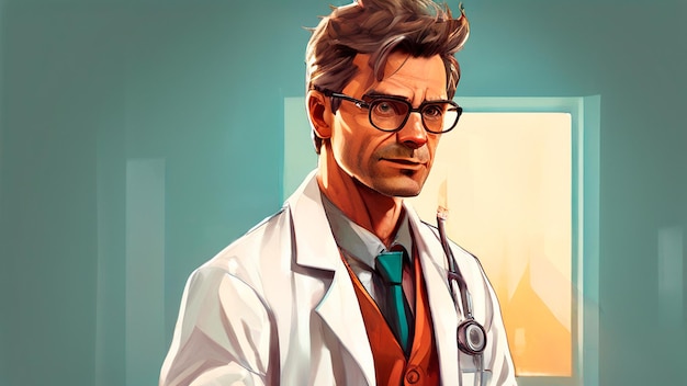un poster per un dottore con gli occhiali e un cappotto da laboratorio