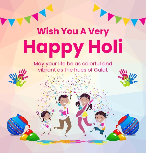 un poster per un felice felice Holi con i bambini e un felice felice felice sorriso