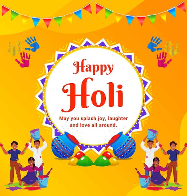 un poster per un felice Holi con persone e un banner che dice Happy Holi
