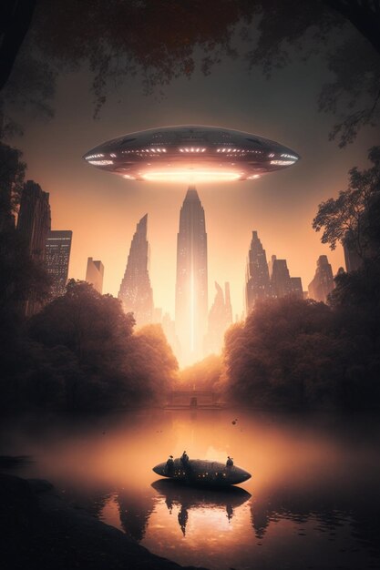 Un poster per un film intitolato ufo che atterra su un lago.