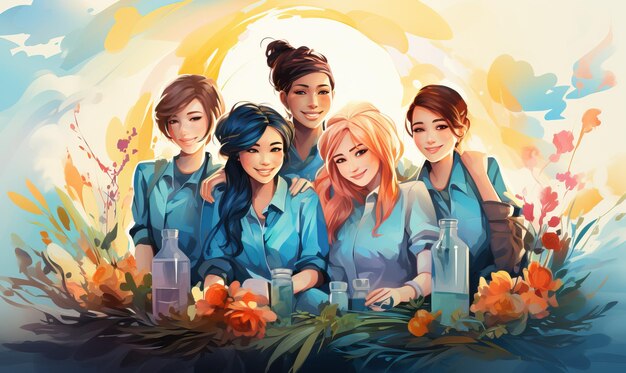 un poster per un gruppo di ragazze con fiori e una bottiglia di profumo