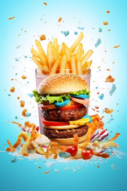 un poster per un hamburger con patatine fritte e un hamburger