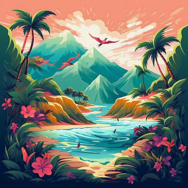 Un poster per un'isola tropicale con montagne e palme.