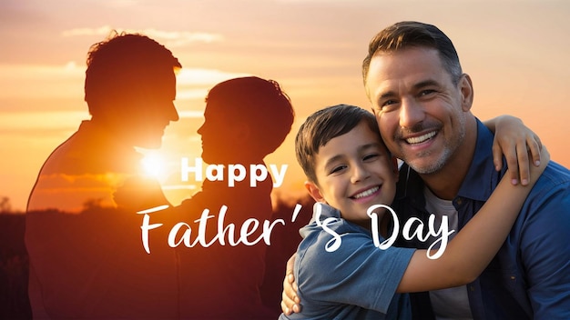 un poster per un padre e un figlio con uno sfondo al tramonto